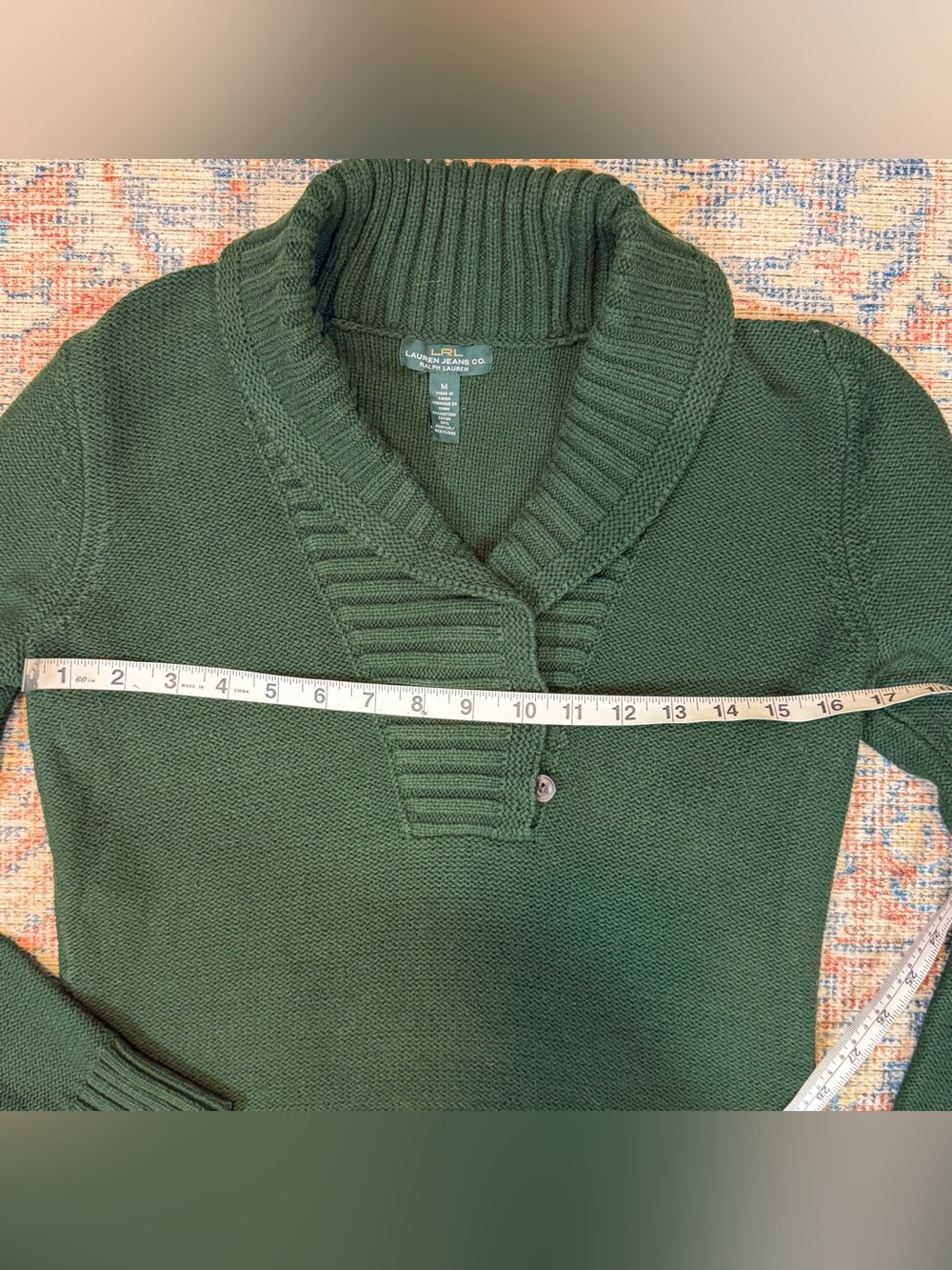 Lauren Jeans Co Ralph Lauren Sweater M Hunter Green Shawl Collar Cotton Blend - Picture 8 of 11